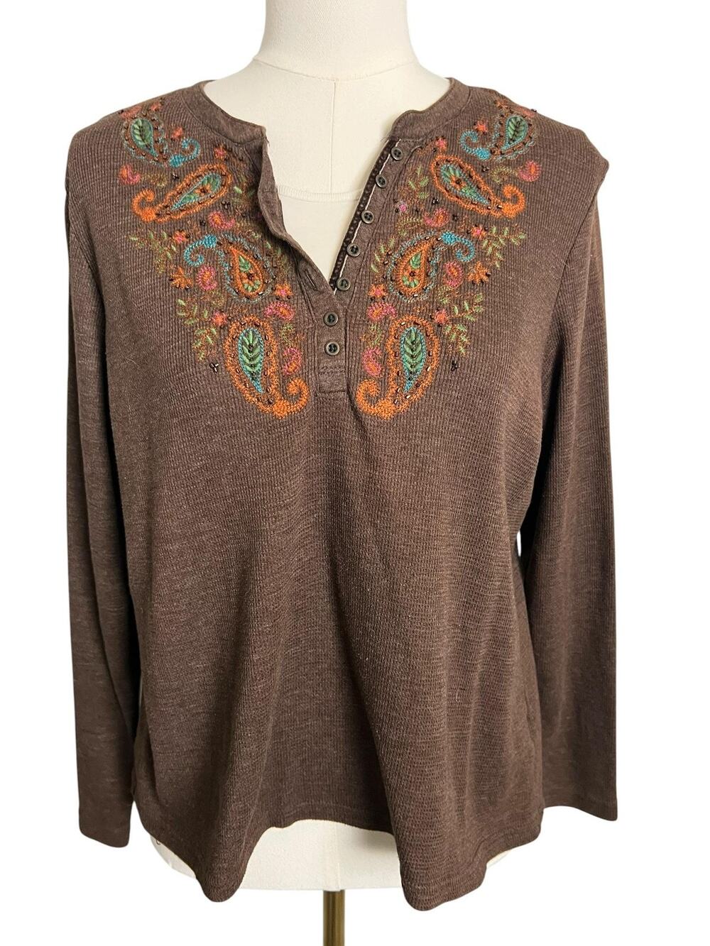 Y2k Beaded Shirt Womens Petite PL Brown Long Sleeve Paisley Henley Top